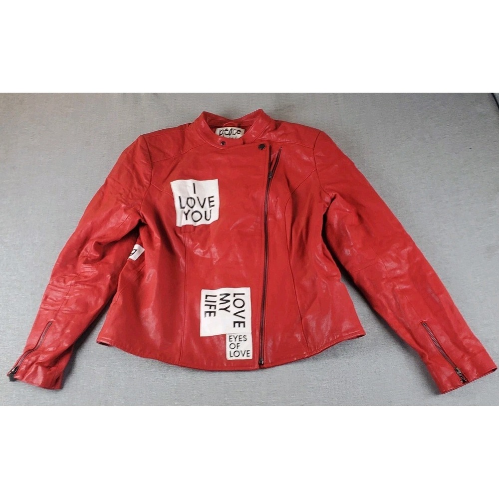 Peace Love World jacket Womens Size 10 Red Leather Love Addict Motorcycle